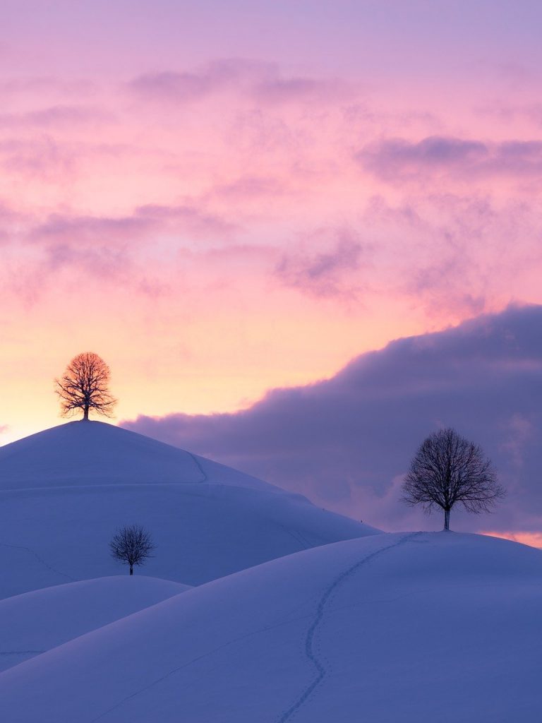 hills, winter, sunset